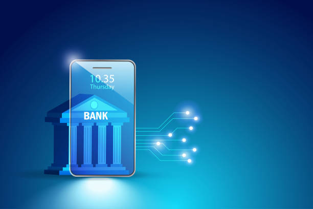 virtuelle bank, mobile-banking-service im futuristischen hintergrund. bankgebäude mit elektronischen schaltkreisen, um geld zu sichern.  digitale finanz- und investitionsinnovationstechnologie. - online banking stock-grafiken, -clipart, -cartoons und -symbole