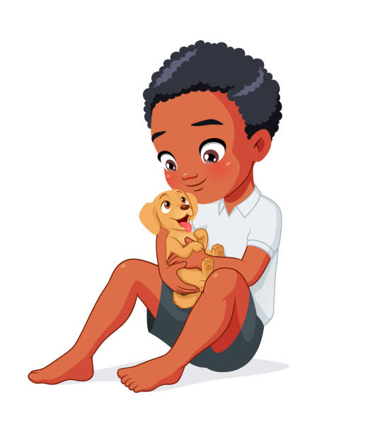 ilustrações de stock, clip art, desenhos animados e ícones de cute african american boy holding puppy. vector illustration isolated on white background. - golden retriever retriever white background isolated