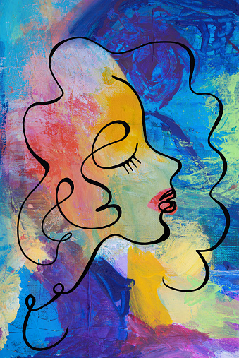 Abstract woman with curly hair profile  view. Hand drawn.