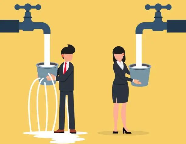 Vector illustration of Contrast between financial. Business man and woman with leaking bucket.