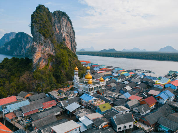 Aerial view of floating village in Phang Nga bay Aerial view of floating village in Phang Nga bay in Thailand phang nga bay stock pictures, royalty-free photos & images