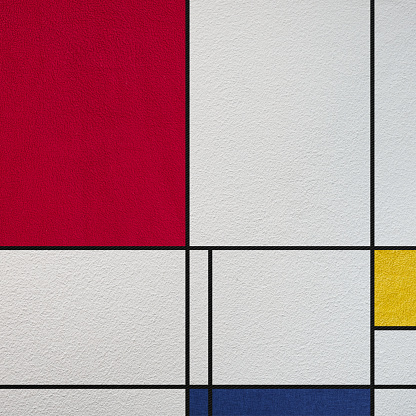 Abstract composition with colored rectangles. Mondrian lattice. The texture of fabric and paper.