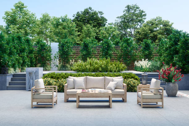 modern patio with sofa, armchairs, coffee table and garden view background - empty seat imagens e fotografias de stock