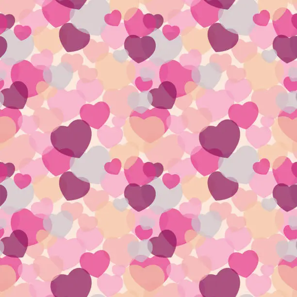 Vector illustration of Colorful hearts seamless pattern. Pink, beige and purple background for textile, wrapping paper, web design and social media. Love, romantic concept.