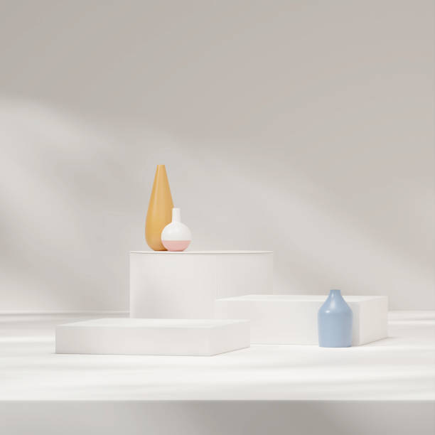 istock White podium with various colorful pot and sun shadow, 3d rendering 1464347514