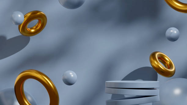 istock Shadow blue podium rendering 3d mockup template in landscape with floating sphere and gold donut 1464349271