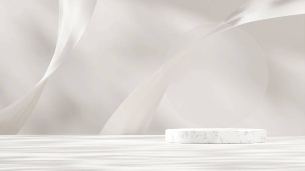 szablon makiety 3d renderujący podium z białego marmuru w krajobrazie z pływającą tkaniną i ścianą cienia - blender white empty sparse zdjęcia i obrazy z banku zdjęć