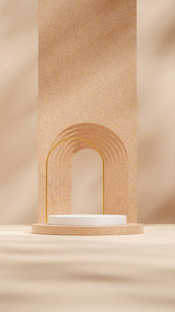 istock Brown terrazzo texture and white podium with gold arch 3d rendering mockup background in portrait 1464349364