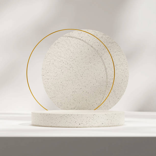 istock Minimal ceramic texture podium and gold ring background 3d rendering mockup template in square 1464349433