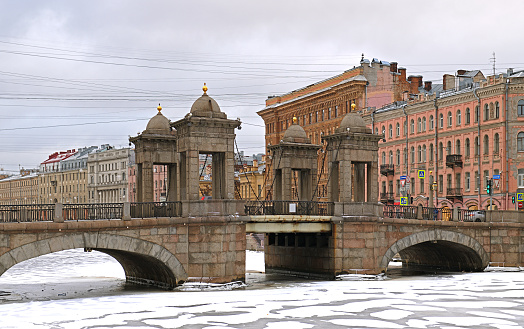 Lomonosov Bridge across Fontanka River, best preserved of towered movable bridges that used to be typical for Saint Petersburg in 18th century