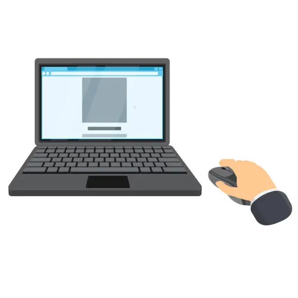 Vector illustration of Work on a laptop. Using a computer mouse to view a website on the Internet