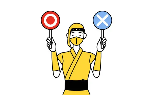 Vector illustration of A woman dressed up as a ninja holding a stick indicating correct and incorrect answers.