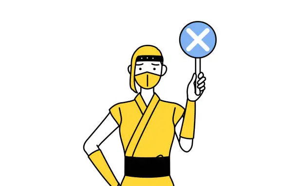 Vector illustration of A woman dressed up as a ninja holding a bar of buts indicating incorrect answers.