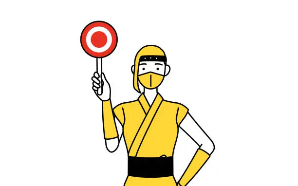 Vector illustration of A woman dressed up as a ninja holding a malleable stick that shows the correct answer.