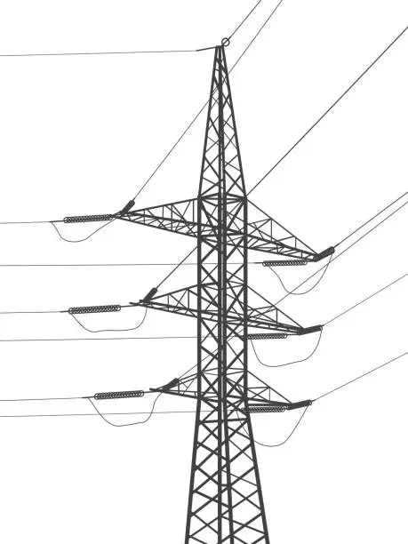 Vector illustration of High voltage transmission systems. Electric pole. Power lines. Energy pylons. Black outlines image. A network of interconnected electrical. Vector design illustration