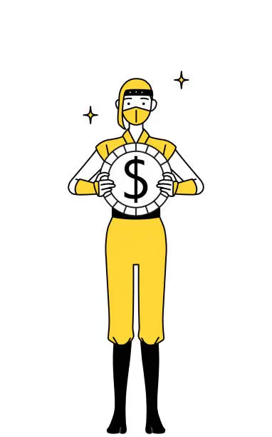 Vector illustration of A woman dressed up as a ninja, with images of foreign exchange gains and dollar appreciation.
