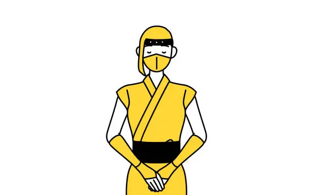 Vector illustration of A woman dressed up as a ninja bowing with folded hands.