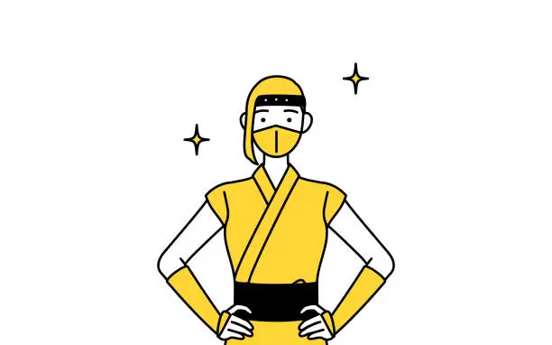 Vector illustration of A woman dressed up as a ninja with her hands on her hips.