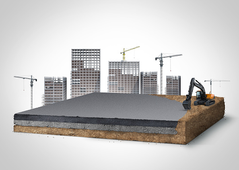 3d illustration of construction site  with cranes. building  isolated. city skyline with piece of land isolated. tall apartment building under construction in a city. excavator working.