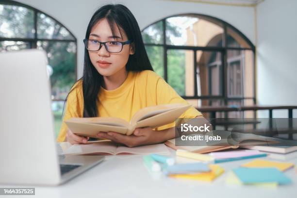 Young Asian Female Student Is Preparing To Reading A Books For Exams At University Stock Photo - Download Image Now