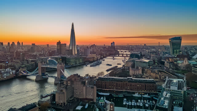 HYPERLAPSE view River Thames & city Skyline London United Kingdom England timelapse aerial shot