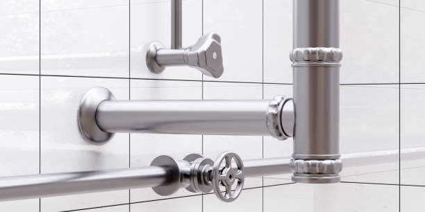 istock Kitchen silver sink piping on tile wall background. Connection and water valve switch. 3d render 1464360242