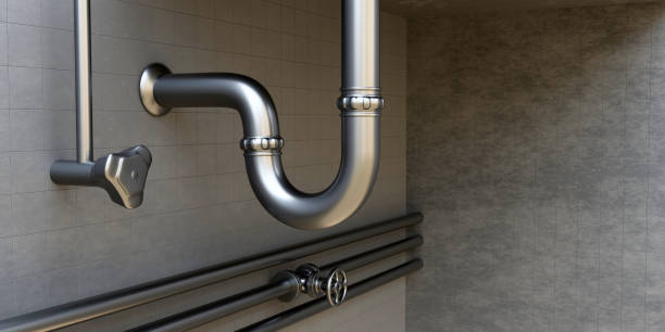 istock Kitchen silver sink piping on tile wall background. Connection and water valve switch. 3d render 1464360420