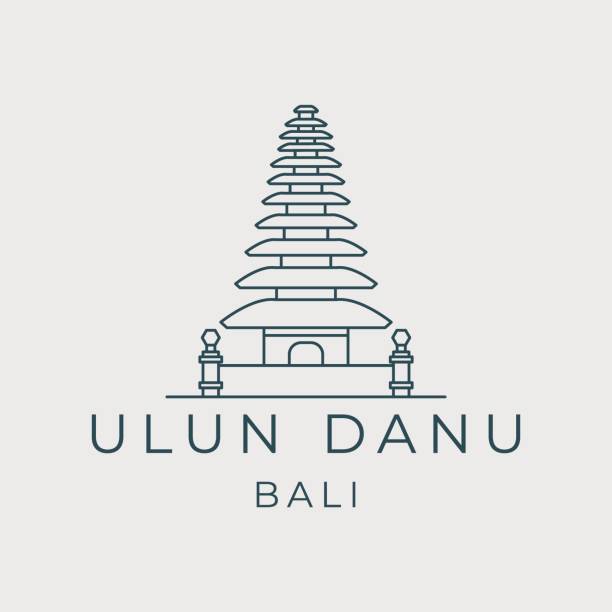 ulun danu bali line art vektor template ilustrasi desain. ikon candi monumen tradisional - pura ulu danau temple ilustrasi stok