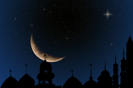Islamic Architecture Celebration Background Concept,Design Ramadan Silhouette Building Mosques Dome,Crescent Moon Sky on Blue Black,New Year Muharram Religion,Arabic,Eid Al-Adha,Mubarak Muslim.