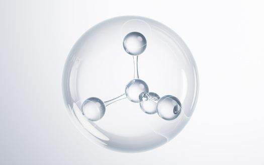 Transparent molecule in the bubble, 3d rendering. Digital drawing.
