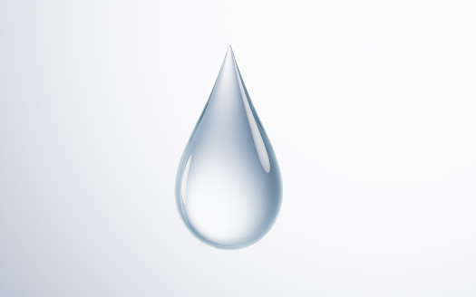 Transparent water drop with white background, 3d rendering. Digital drawing.