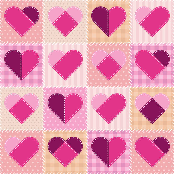 illustrazioni stock, clip art, cartoni animati e icone di tendenza di motivo tessile patchwork con forme a cuore cucite. sfondo di progettazione del quilting senza cuciture. colori rosa, viola e beige. modello per carta da parati, tessile, scrapbooking e carta da imballaggio. - quilt patchwork sewing pattern