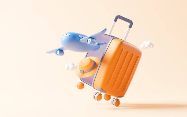istock Cartoon style luggage with travel theme, 3d rendering. 1464362099