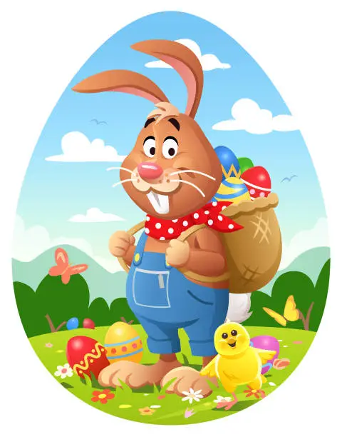 Vector illustration of Easter Bunny In The Meadow Carrying An Easter Basket