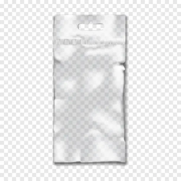 Vector illustration of Clear empty vinyl pouch with euro slot hanger on transparent background vector mockup. Blank plastic bag package mock-up. Template for design