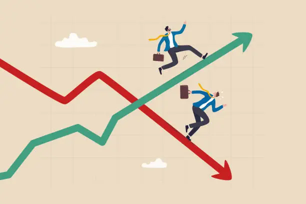 Vector illustration of Profit and loss, investment direction or economic forecast, growth and decline in profit, make money or losing money concept, businessman running on rising up growth graph and decline recession down.