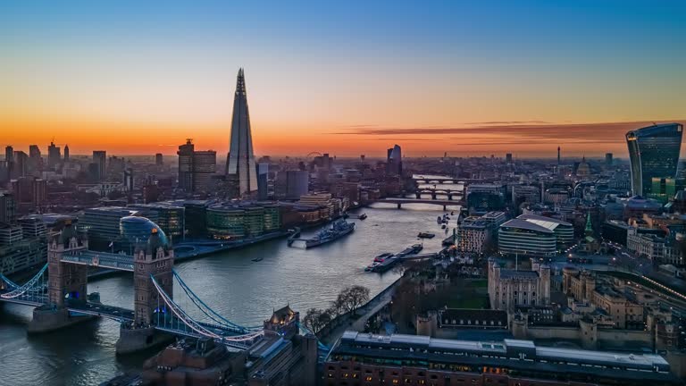 Boomerang HYPERLAPSE view River Thames & city Skyline London United Kingdom England timelapse aerial shot