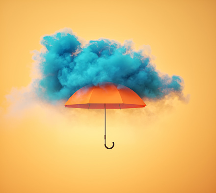Umbrella under the cloud on yellow background. This is 3d render illustration
