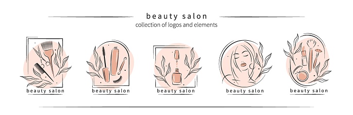 Big set of elements and logos for beauty salon. Nail polish,  manicured female hands and legs, beautiful woman face, lipstick, eyelash extension, makeup, hairdressing. Vector illustrations
