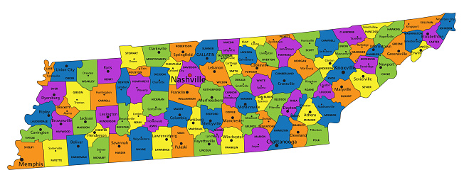 Colorful Tennessee political map with clearly labeled, separated layers. Vector illustration.