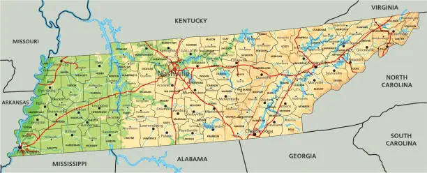 Vector illustration of High detailed Tennessee physical map with labeling.