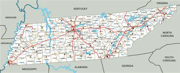 Vector illustration of High detailed Tennessee road map with labeling.