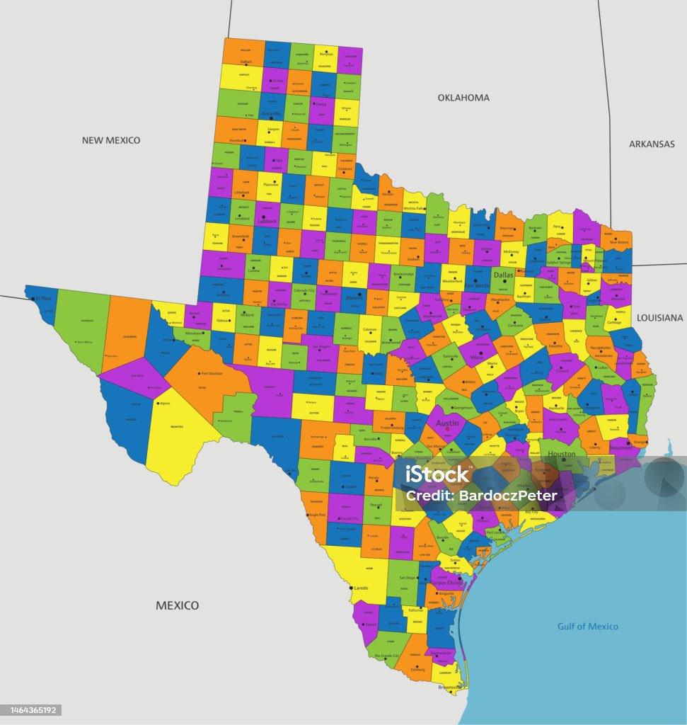 Colorful Texas Political Map With Clearly Labeled Separated Layers