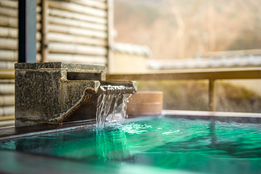 Japanese Hot Springs Onsen Natural Bath,  In the natural healing bamboo room, soft focus.