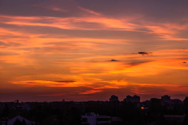 Sunset view over cityscape. Copy space.