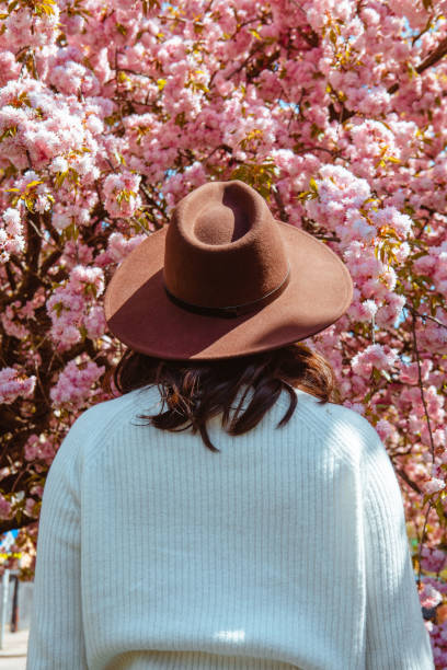 istock woman from the back looking on the blooming sakura tree 1464371417