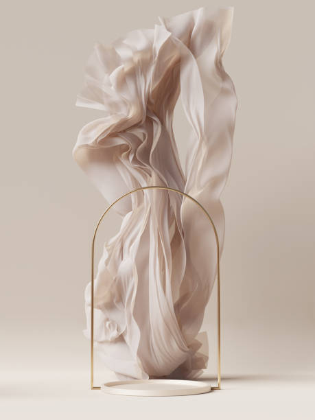 istock 3D background. Beige podium, display mockup. Silk cloth in motion. Gold arch frame for Beauty, product, cosmetic presentation. Feminine scene with pedestal. 3d render. 1464374482
