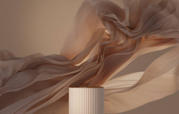Social media background with podium display for product placement pantalla 3d de fondo beige del podio. tela voladora de lujo en movimiento. glamour mínimo pedestal de oro para belleza, presentación de productos cosméticos. espacio de copia femenino, desnudo, plantilla marrón, renderizado 3d de estudio