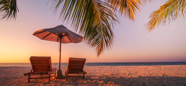 istock Beautiful tropical sunset scenery, two sun beds, loungers, umbrella under palm tree. White sand, sea view with horizon, colorful twilight sky, calmness and relaxation. Inspirational beach resort hotel 1464374636