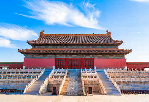 In an bright afternoon close to the dusk, the turret of the Imperial Plalace-the Forbidden City in Beijing looks very beautiful.